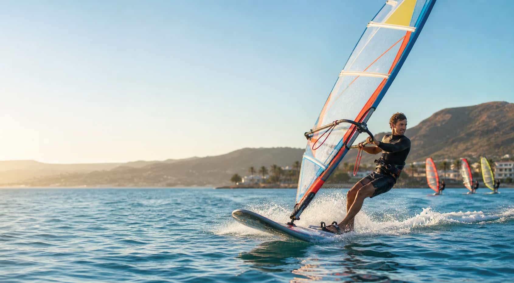 Berrak kıyı suyunda windsurf yapan sporcu